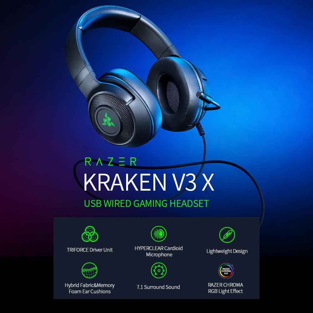Razer Kraken V3 X Kabelgebundenes Gaming-Headset 7.1 Surround-Sound-Headset mit TRIFORCE 40-mm-Treiber-Einheit HYPERCLEAR Kardioid