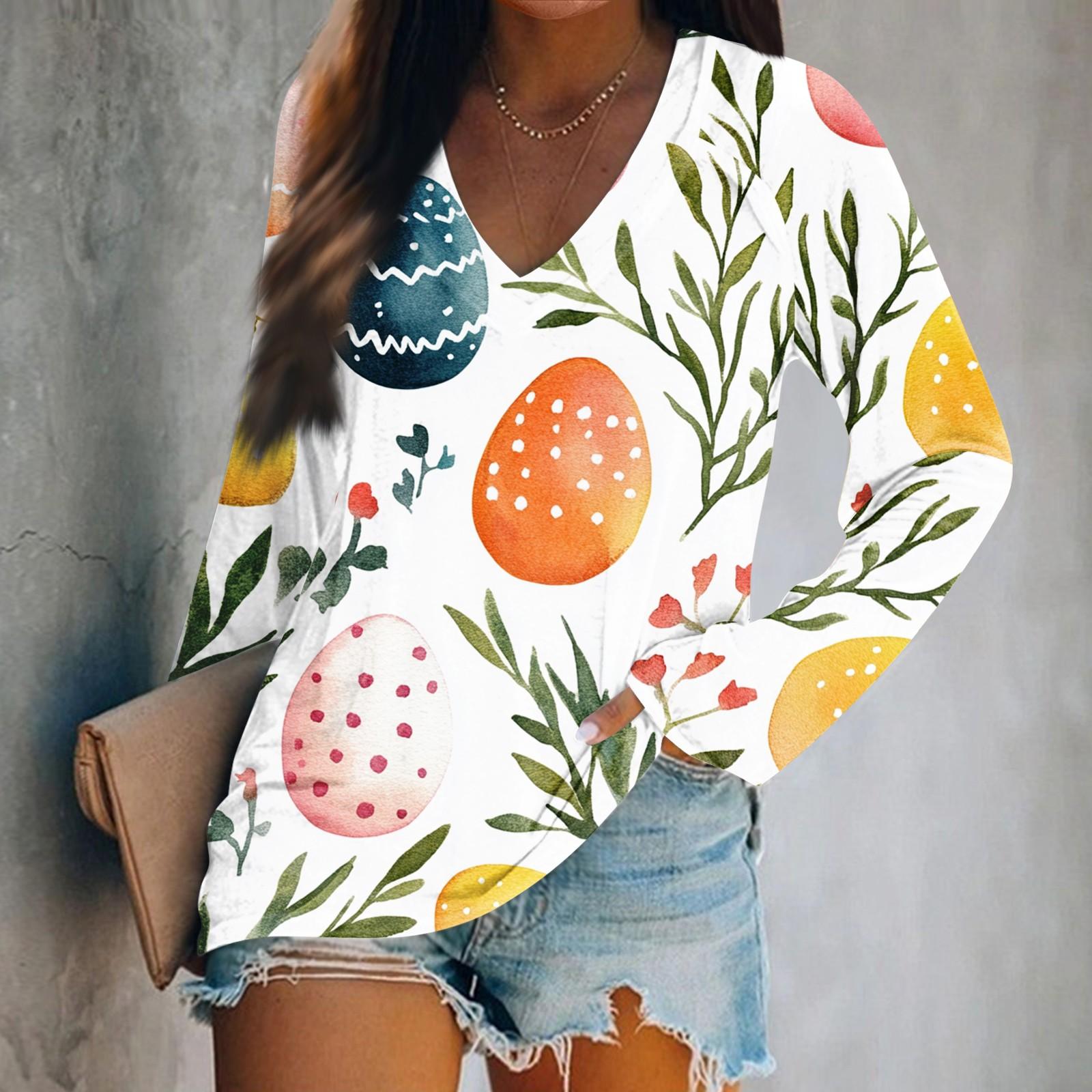 

Женская футболка с длинным рукавом и V-образным вырезом с пасхальным принтом Повседневный комфортный топ XL белый