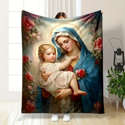 Virgin Mary Baby Jesus Roses Blanket Printed Blanket for Living Room Bed Couch Lunch Break Soft Cozy Blanket for Friend's Festival Gift