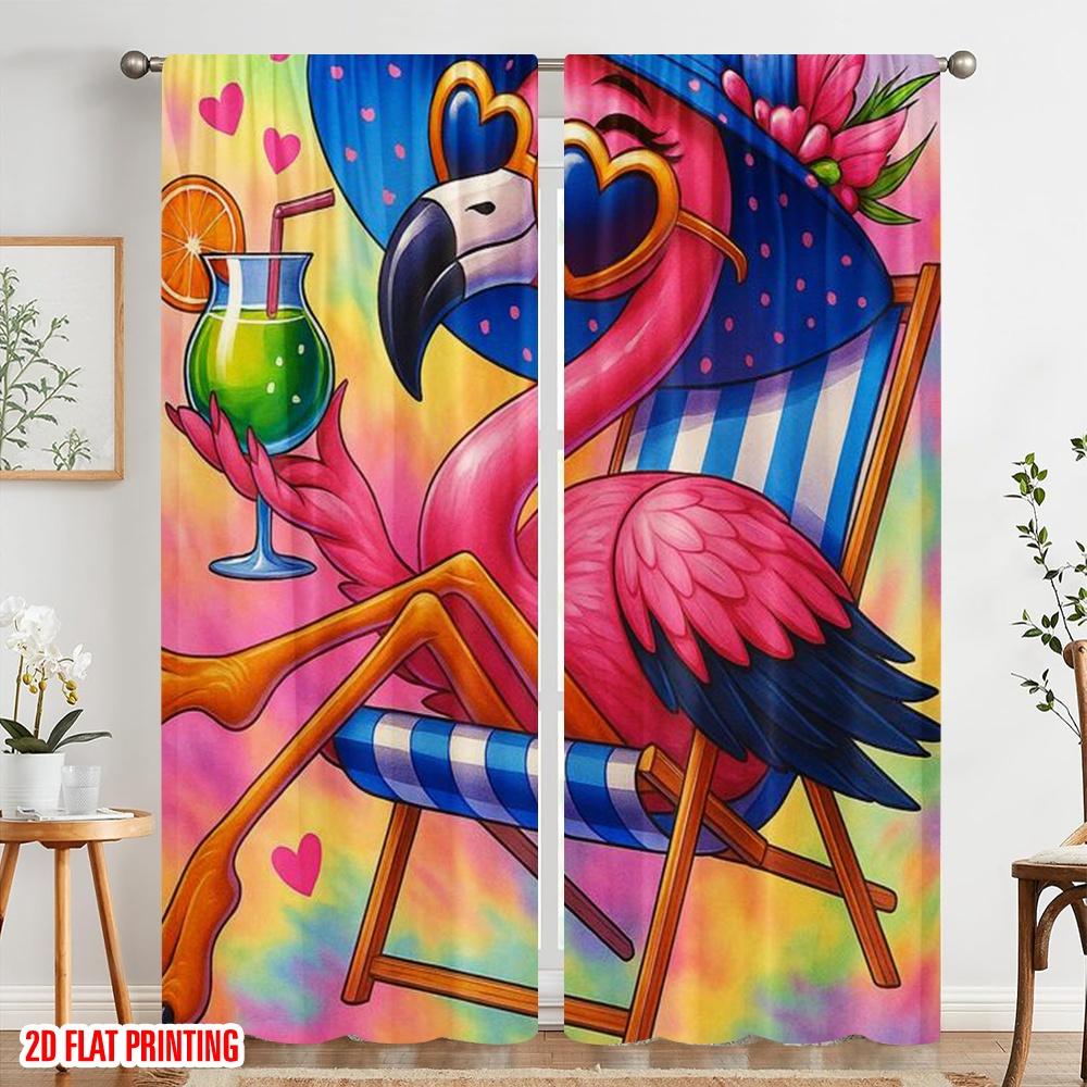 2pcs,2D plane printing Curtains&Window Treatment Relaxing Flamingo Versatile 100% Polyester (without rod) Outdoor Decorations