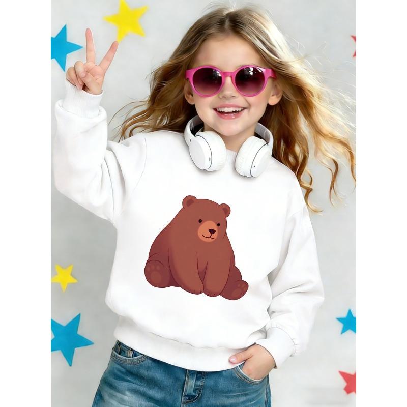 European sizes Cute Brown Bear Print Kids' Spring Lightweight Crew Neck Sweatshirt, Comfortable Outdoor Wear for Ages 0-3