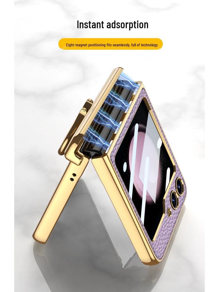 ZFlip5 Magnetic Hinge Leather Ring Case - Foldable Screen, Creative & Simple Design