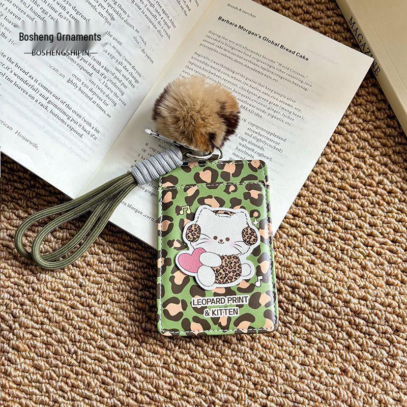 

Leopard Print Leather Card Holder for Students - Double Slot for Meal, Bus, and K-pop ID Cards