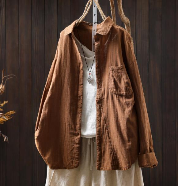 Johnature Femmes Chemises Vintage Tops Col Rabattu Patchwork Poches Blouses Automne Chemises Couleur Unie