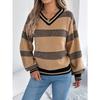 Damen V-Ausschnitt farblich abgesetzter gestreifter Pullover mit Glockenärmeln