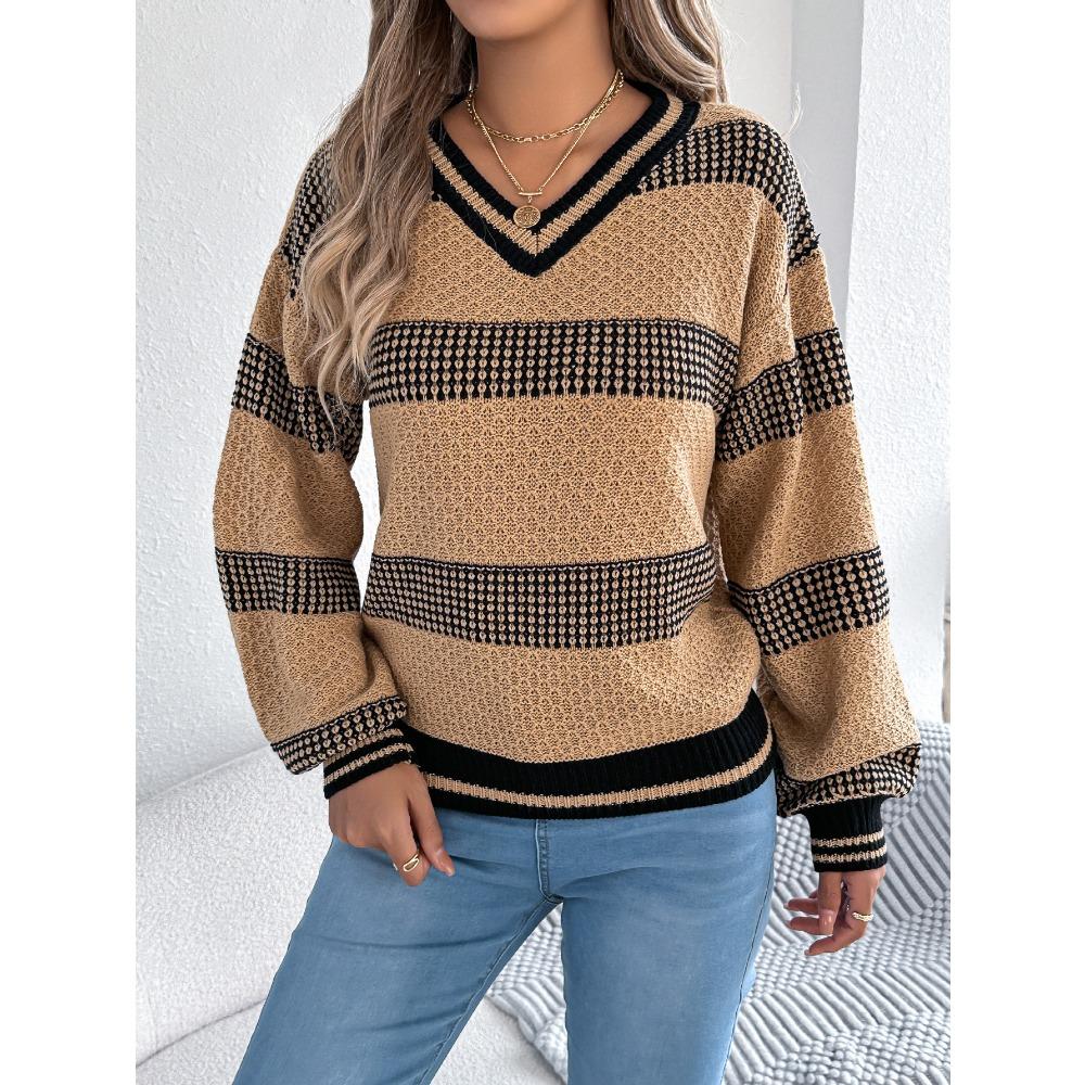 Damen V-Ausschnitt farblich abgesetzter gestreifter Pullover mit Glockenärmeln