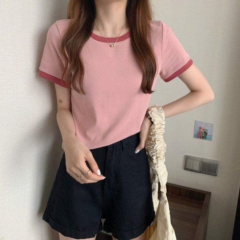 Color Blocking Round Neck Short Sleeved T-shirt for Women's Summer Base Slim Fit Short Student Top Trend Shirt