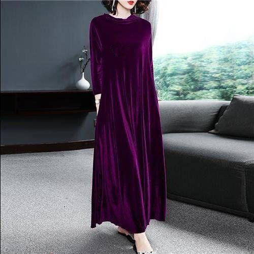 Women's Plus Size Dress Spring Autumn Long Gold Velvet Dress Loose Retro A-Line Dress