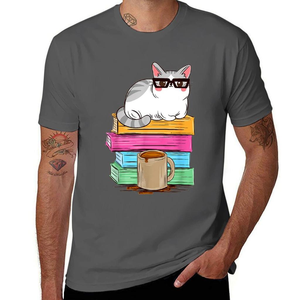 Student Teacher Cat Reading Coffee Kitty Tshirt Lightweight Cooling Short Sleeve Tee Tshirt