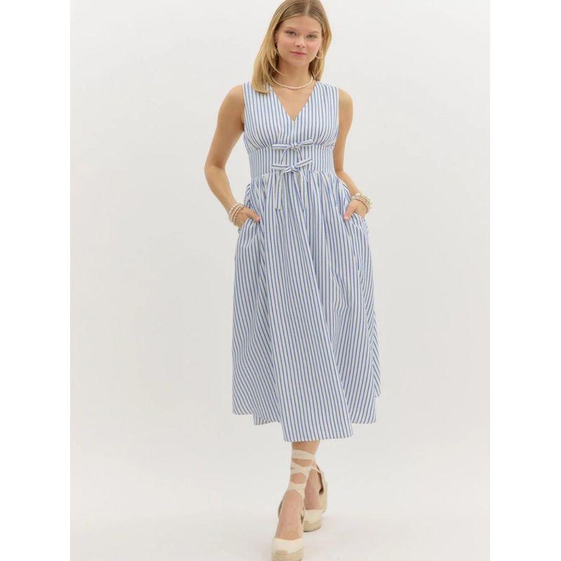 Foreign Trade Order Entr0 Artistic Style Sleeveless V-neck Stripe Dress A Word Bow Swing Midi dress Dress Women