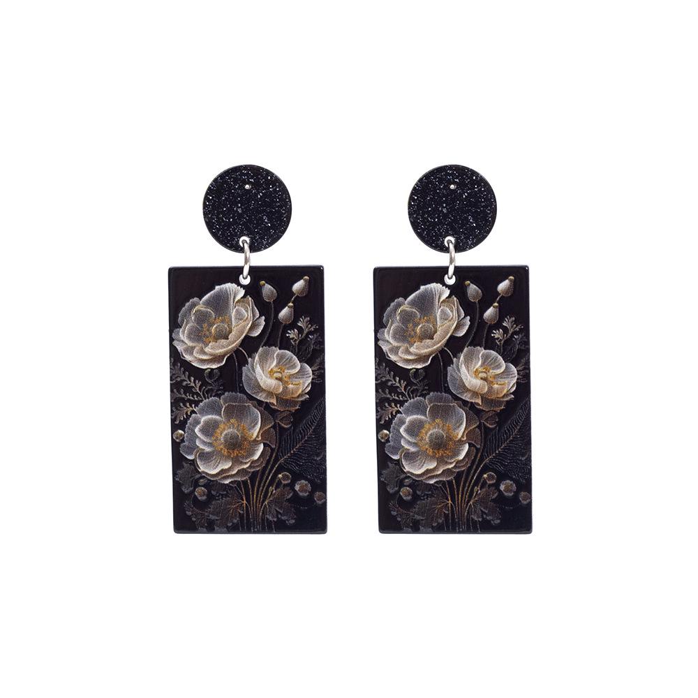 Vintage Geometric Black & White Flower Embossed Acrylic Earrings for Women