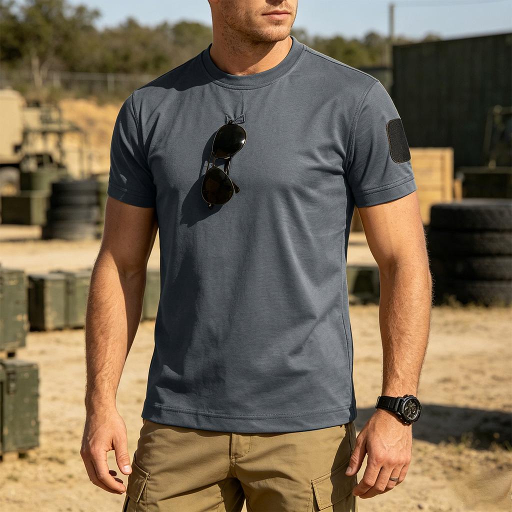 Men's Tactical Outdoor Quick-Dry T-Shirt Crew Neck Loose Fit Breathable Short Sleeve with Hook and Loop Patch Area for Customization
