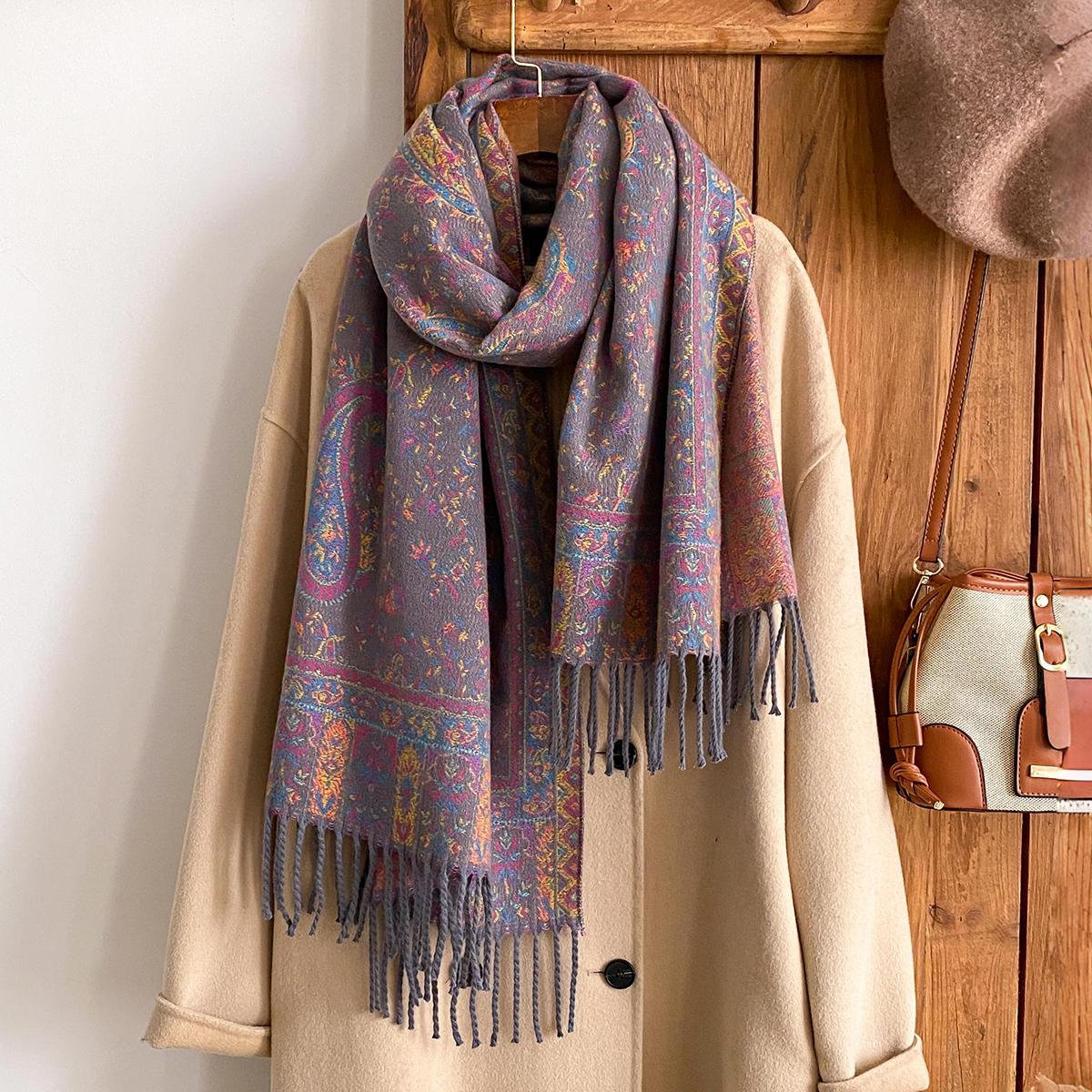 

Fashion Women S Winter Cashmere Shawl - Vintage Floral Printed Tasseled Oil Painting Style Pashmina Thick Wrap & Echarpe