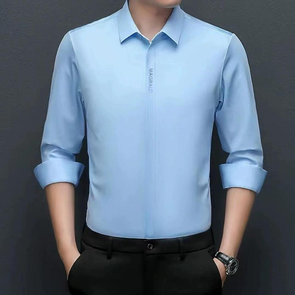 Men's Long-sleeved Shirt Without Letters and Hidden Buttons Spring and Autumn Middle-aged Business Casual Solid Color Anti-wrinkle Elastic White Shirt