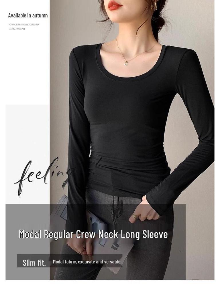 Women's Black Modal Crew Neck Long Sleeve Base Layer Top - Slim Fit, Low Neck Design for 2025 Autumn/Winter