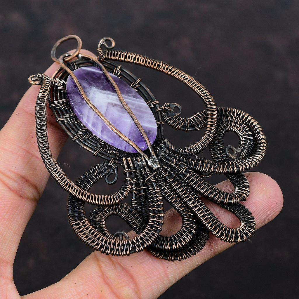 Chevron Amethyst Pendant Copper Wire Wrapped Pendant Gemstone Pendant Copper Jewelry Handmade Pendant Beautiful Octopus Jewelry Gift For Mom