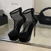 Fashion FHC 16cm Thin Heel Women Sandals Boots,Hollow Out Mesh Botas,Platform Summer Shoes,Back Zipper,Ropund Toe,Black,Dropship