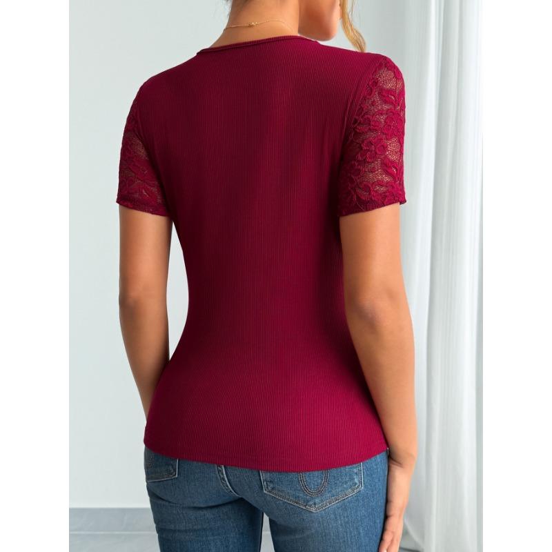 Summer V Neck Short Sleeve Lace Women Blouse 2026 New Slim Fit Solid Color Elegant T Shirt Office Casual Fashion Simple Lady Top Tees Clothing