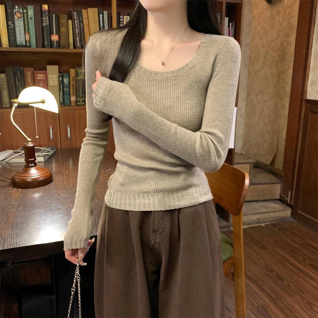 Premium Neck Long Sleeve Knitted Sweater Women's Spring Slim-Fit Texture Crew Neck Sweater with Bottom Top