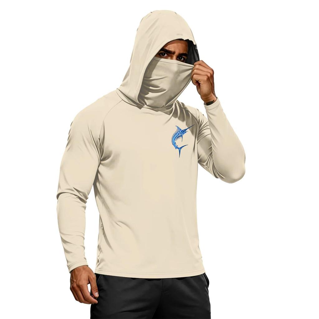 Men's Summer Hawaiian Print Quick Dry Long Sleeve T Shirt Ice Silk UPF50 Plus Sun Protection Hooded Sports Fitness Outdoor Top