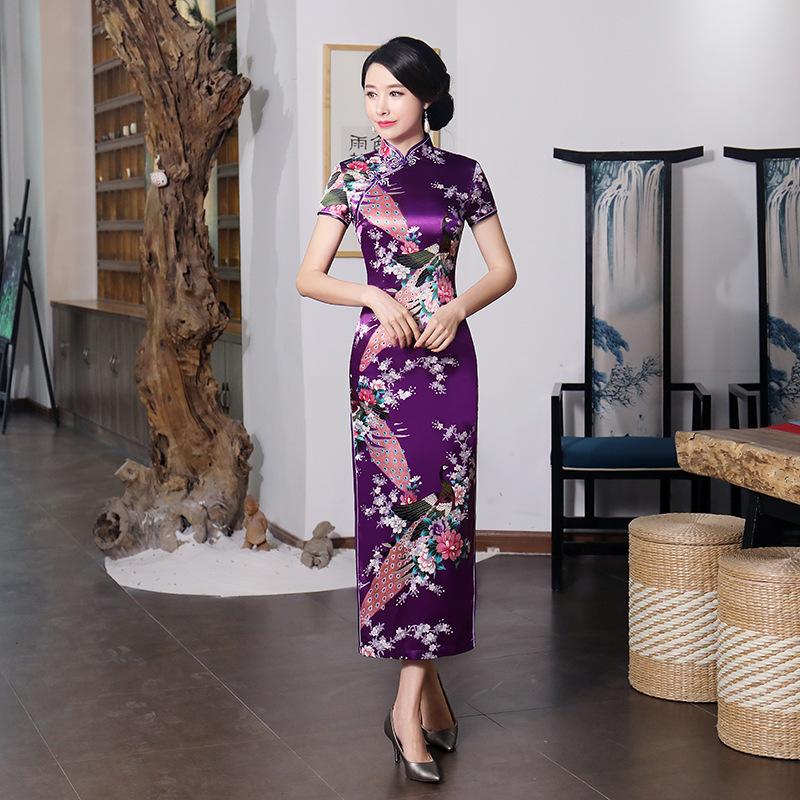Damenkleid Seidensatin Schlankmachend Bedruckt Kurzarm Lang Cheongsam Kleid