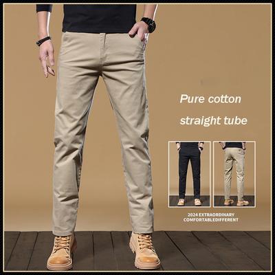 Dört Mevsim Giyilebilir %100 Pamuk Günlük Pantolon Erkek İş Düz Paça Pantolon Haki Sade Moda Trendi Erkek Pantolonu