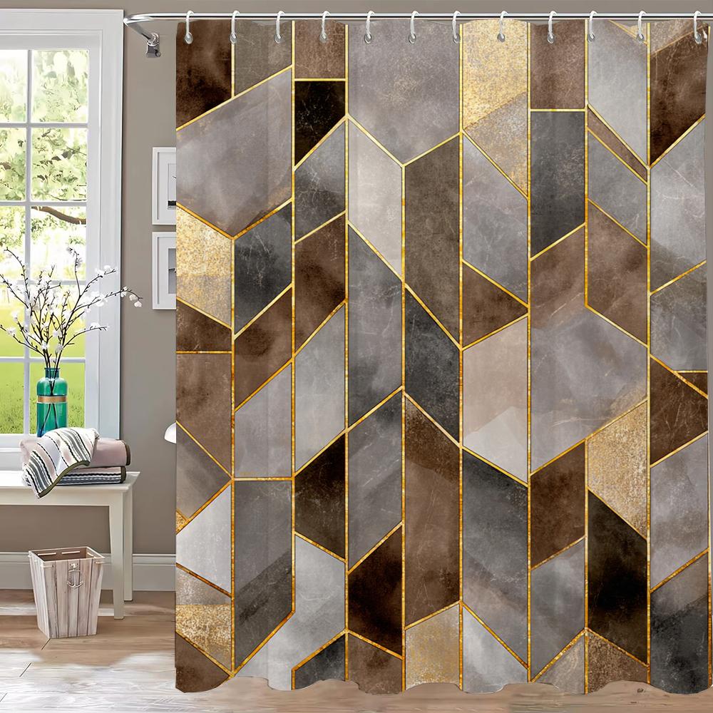 1Pc Black And Gold Geometric Print Shower Curtain Partition Privacy Hanging Curtain With 12 Hooks Multiple Size Machine Washable