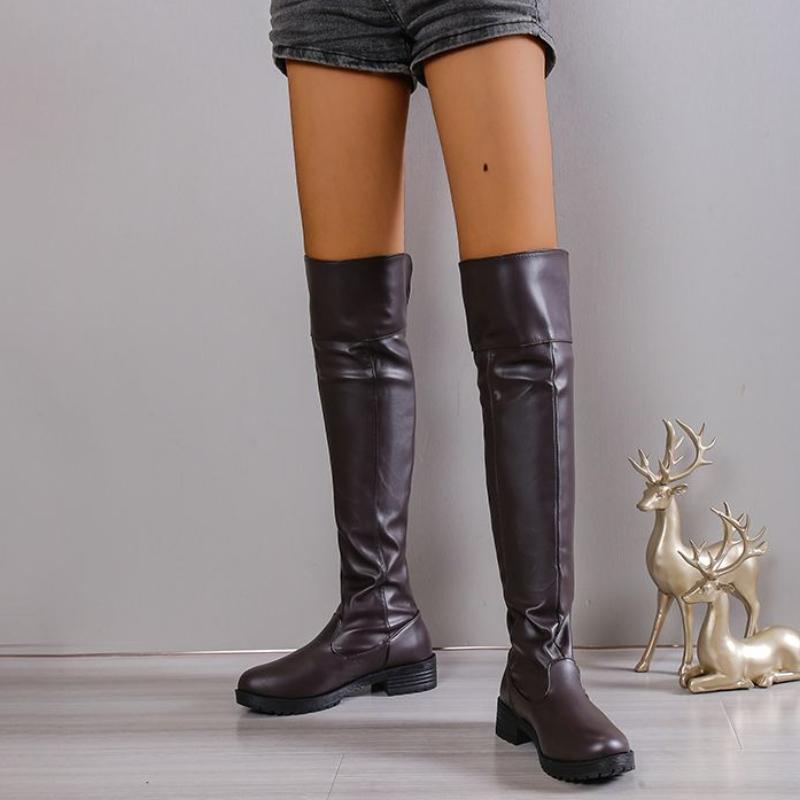 Autumn and Winter Cosplay Knight Long Boots for Women Low Heel Long Shaft Plus Size Costume Boots Leather Round Toe Shoes