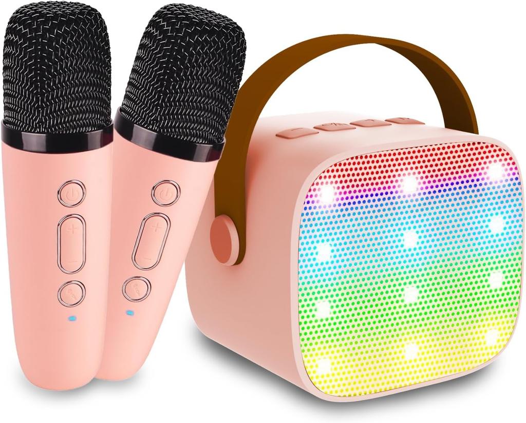 Mini Karaoke Machine, Bluetooth Speaker with 2 Wireless Microphone & LED Lights, Christmas Birthday Gifts for Girls Boys Adults
