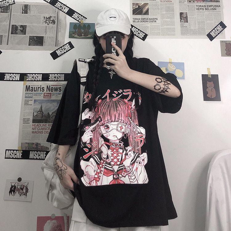 Women T-shirt Harajuku Goth Female Tee Aesthetic Loose Punk Dark Grunge Ladies Gothic Top T-shirts Clothes Y2k Streetwear