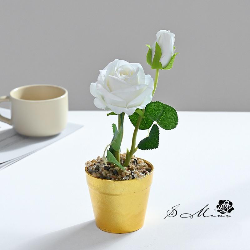 

2 pots Fake flowers, two end rose bonsai decoration, velvet cloth, photography props, artificial flowers, green plants, wedding flower decorations