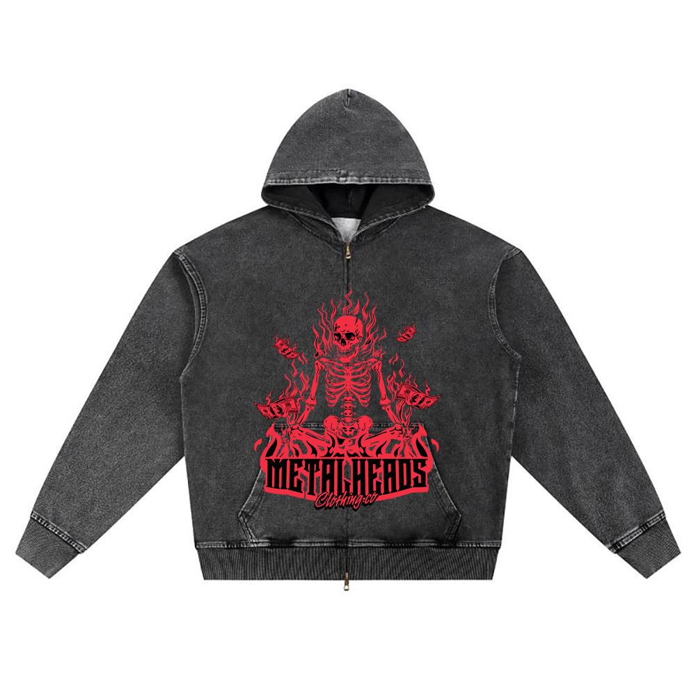 DTG print Knitted Denim Zip-Up Hoodie Metalheads Brother Print Zipper Hoodies  