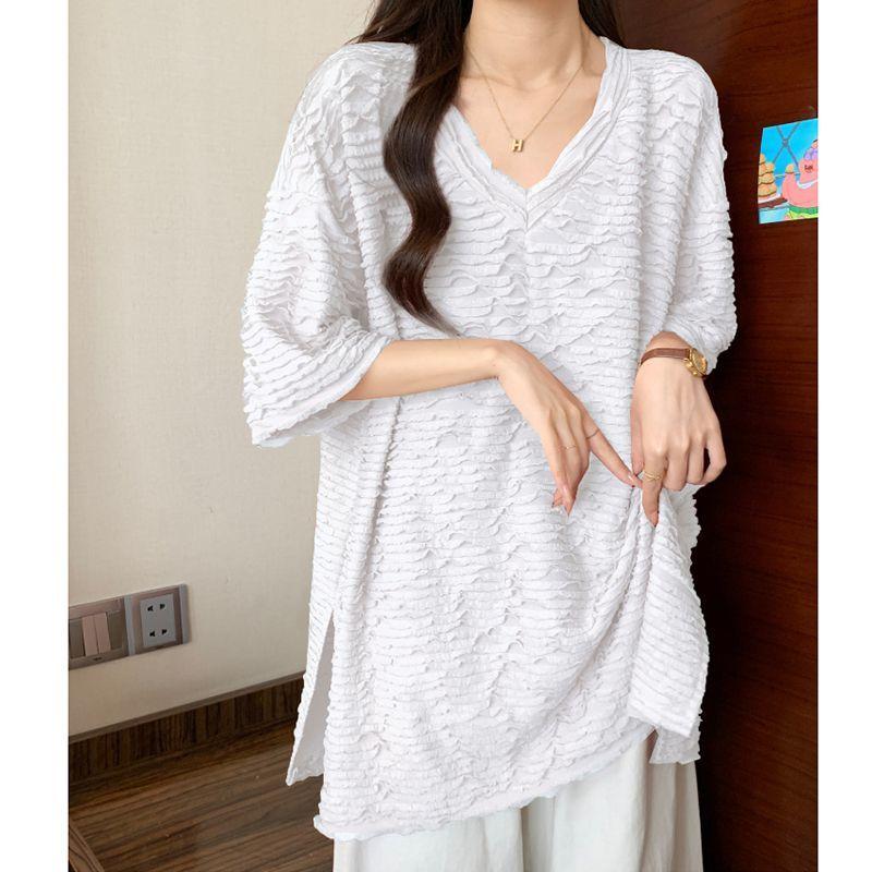 Women's Pink V-Neck Half Sleeve Textured Loose Fit Casual Tunic Blouse