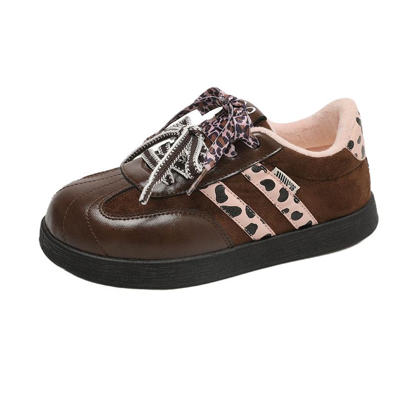 Plush Collar Women Chunky Sneakers Leopard Ribbon Lace Up Speckled Heel Panel Warm Casual Shoes