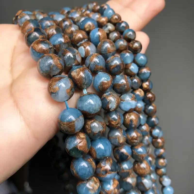 Natural Light Blue Gold Colored Stone Round Beads, Loose Beads, Lake Blue Gold Colored Stone, Handmade DIY, Bracelet, Jewelry Accessories, Bead Beads