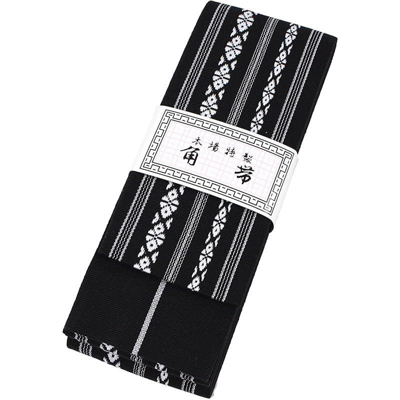 Used [New] Cotton Obi (Kimono Sash) - Traditional Pattern, Men's Obi with Tying Guide Included, Made In Japan - White/Black/Navy (Black) 0