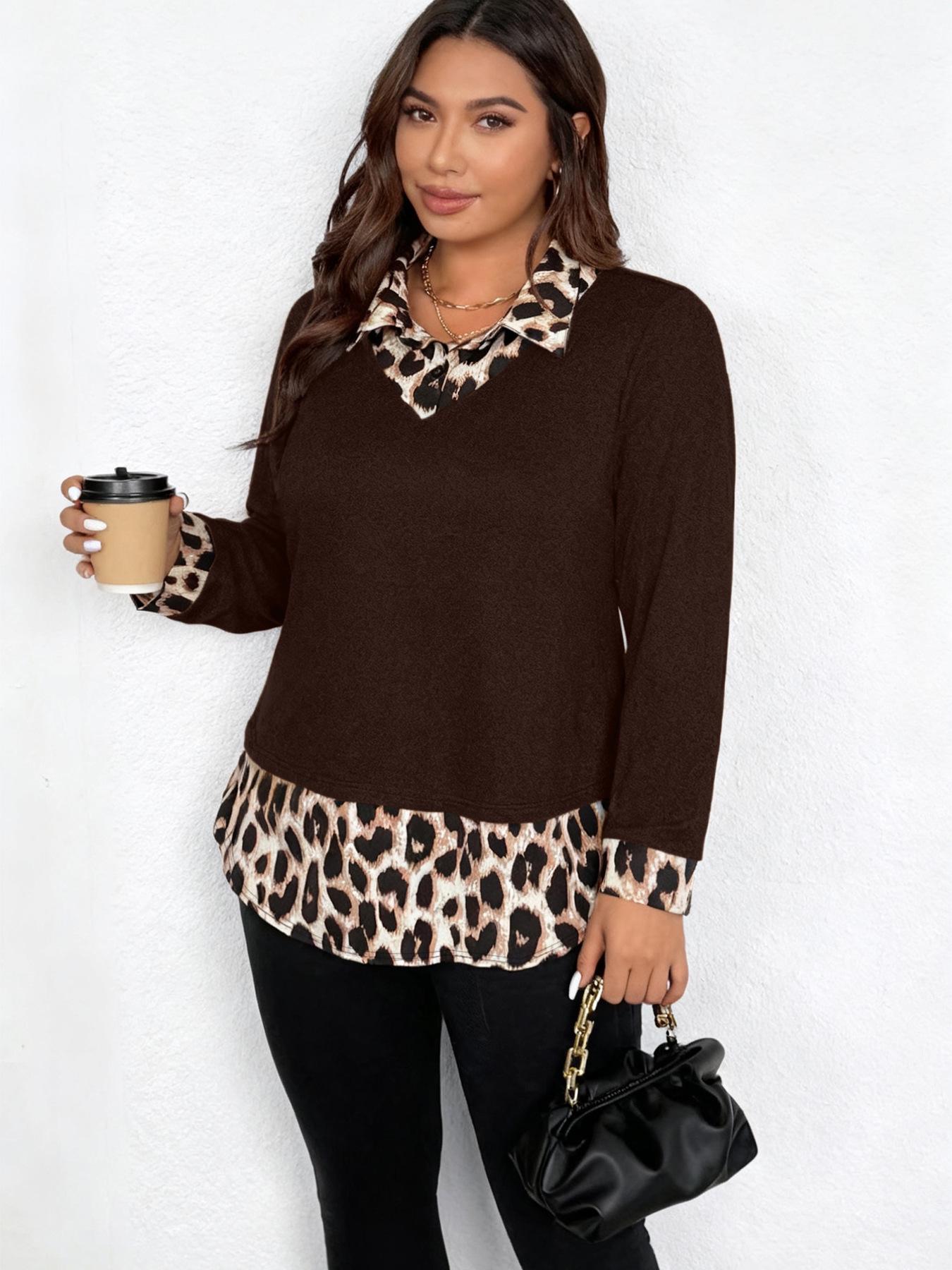 2026 American Leopard Print Patchwork Lapel Long Sleeve Women s Slim Fit Top - European and American Spring Style Large кофейный