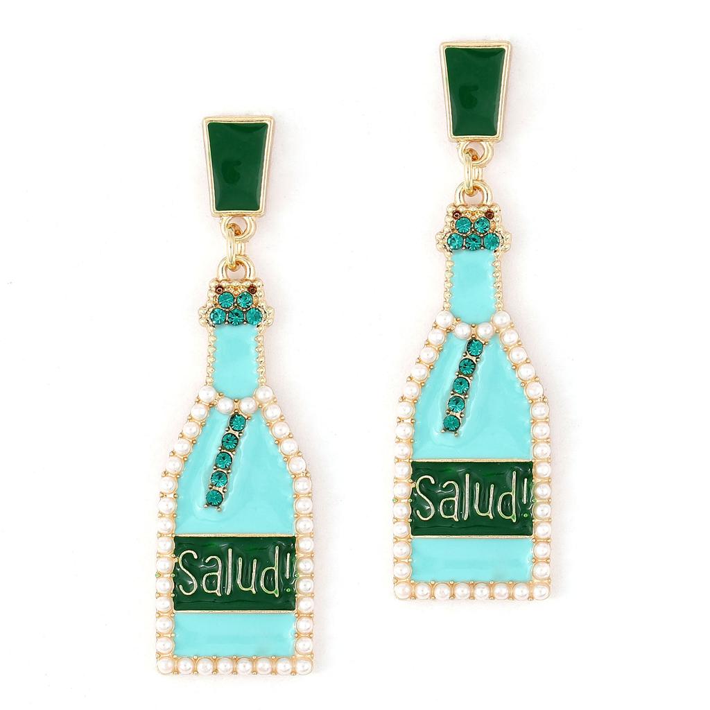 European and American new fashion personality cute wine bottle dripping oil alloy earrings creative design letter inlaid pearl earrings