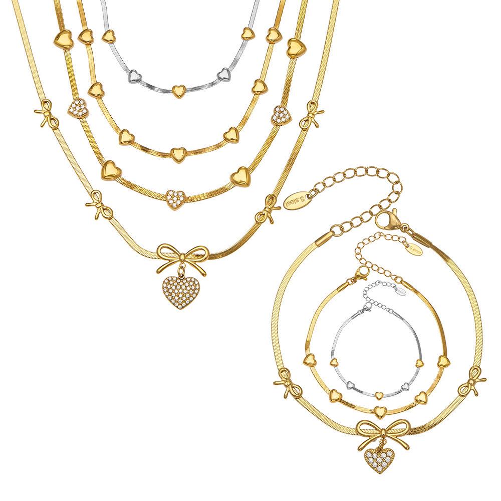 18K Gold-Plated Heart Zircon Bow Pendant Necklace & Bracelet Jewelry Set