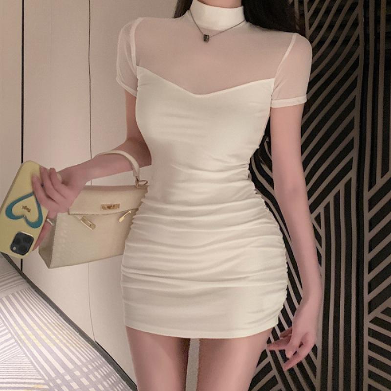 The small man wears a pure desire style sexy mesh stitching slim-fitting waist-wrapped hip short-sleeved exquisite dress S