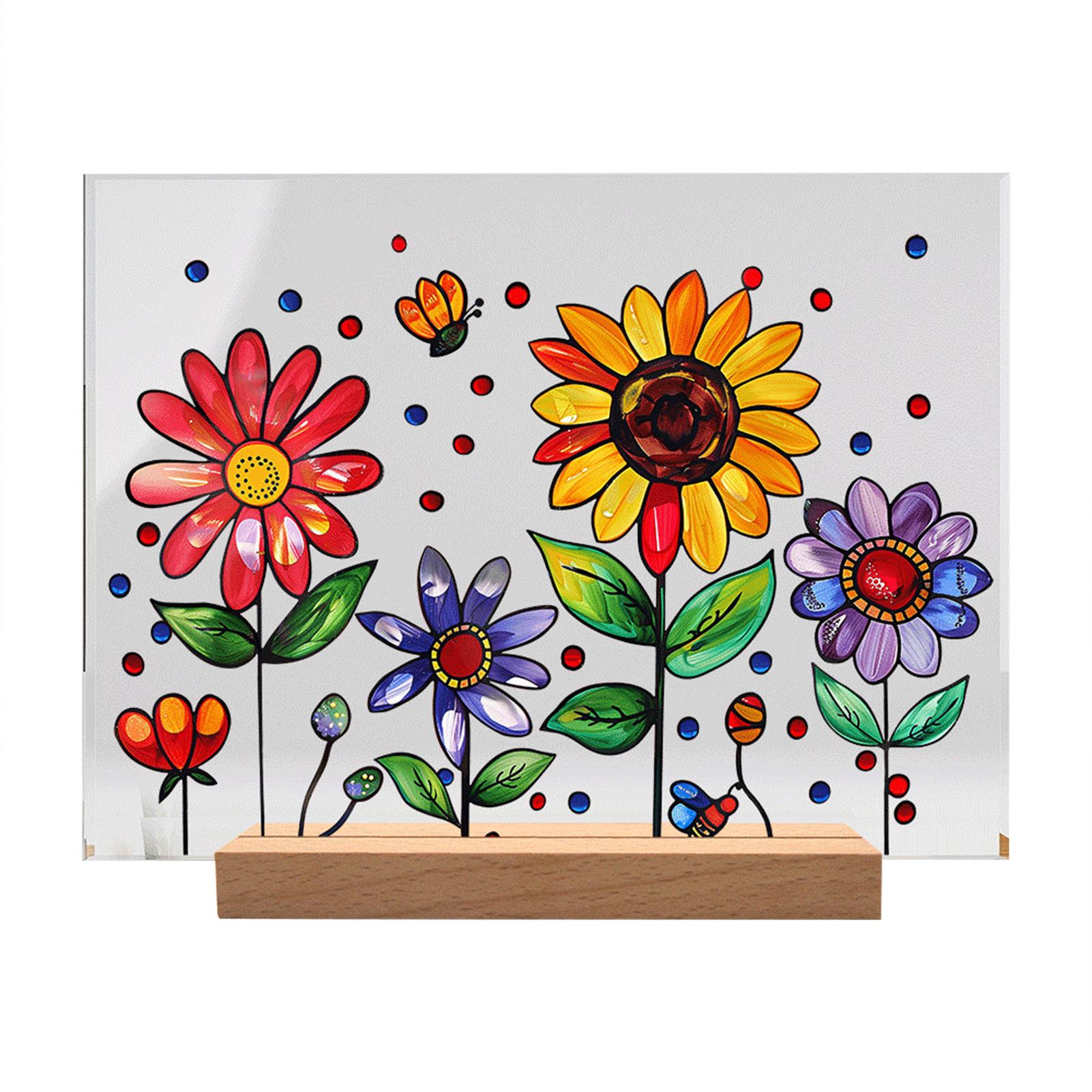 

Painted Colorful Flower Pattern Decor Transparent Desktop Ornament With Wooden Base Acrylic Clear Foral Pattern Ornament