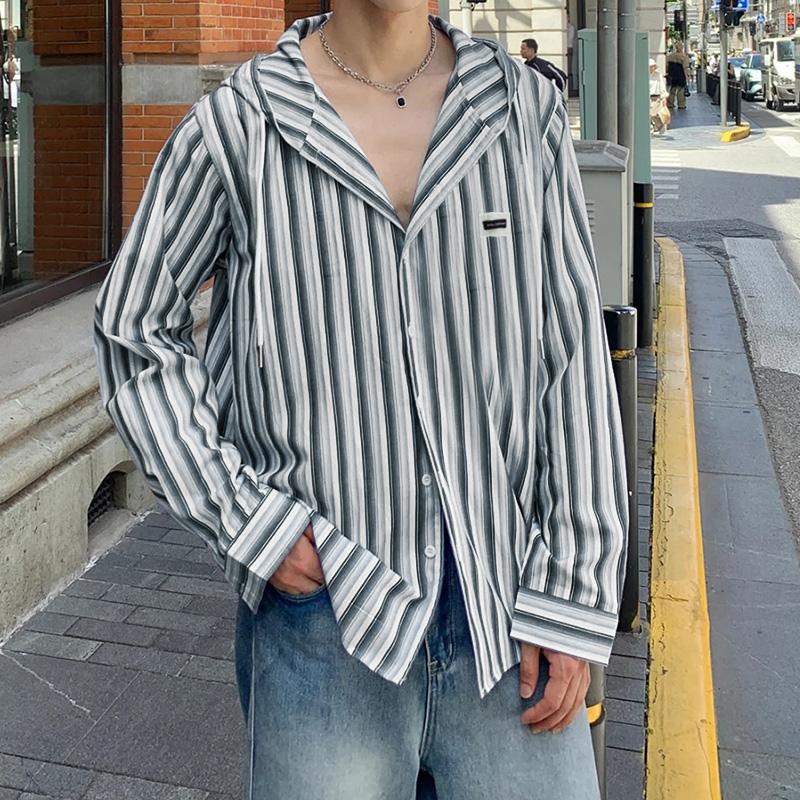 

INCERUN Мужские рубашки с длинным рукавом на пуговицах в полоску с капюшоном, повседневные топы 3XL серый