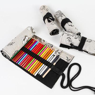 Large Capacity Black Peony & Wind Canvas Pencil Roll - 24/36/48/72 Slots for Colored Pencils