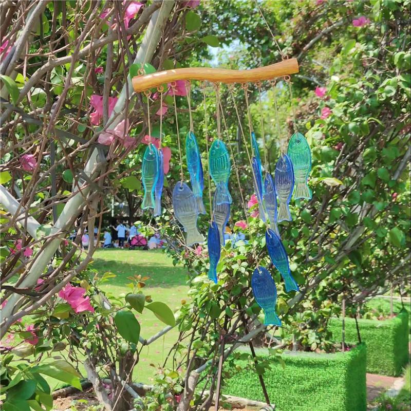 Handmade Blue Glass Fish Wind Chime Large Outdoor/Indoor Hanging Decor