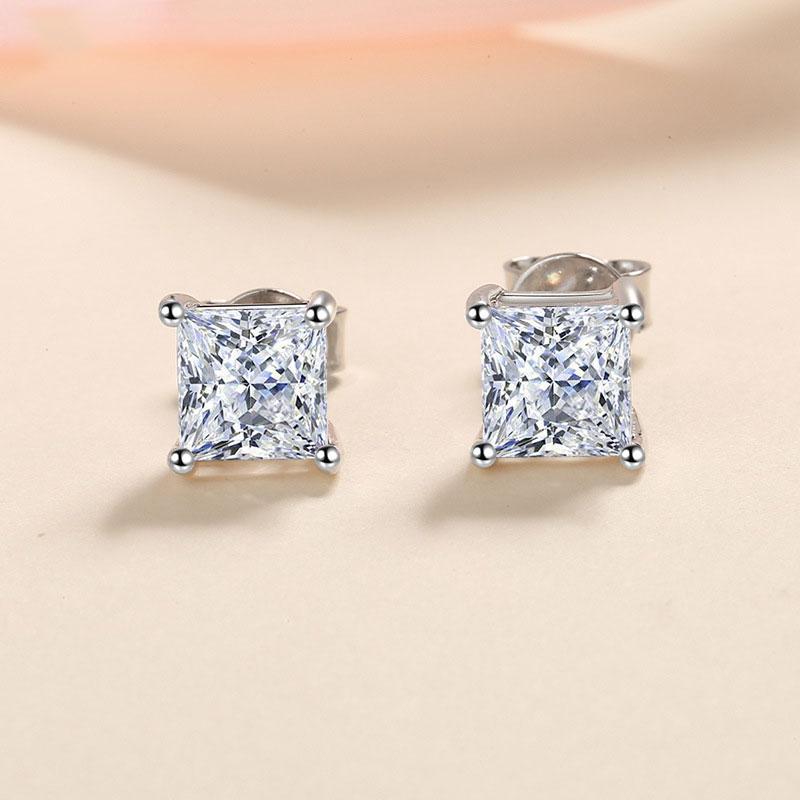 KNOBSPIN D Princess Cut Moissanite Earring S925 Sliver Plated with White Gold Earrings for Women Fine Jewelry