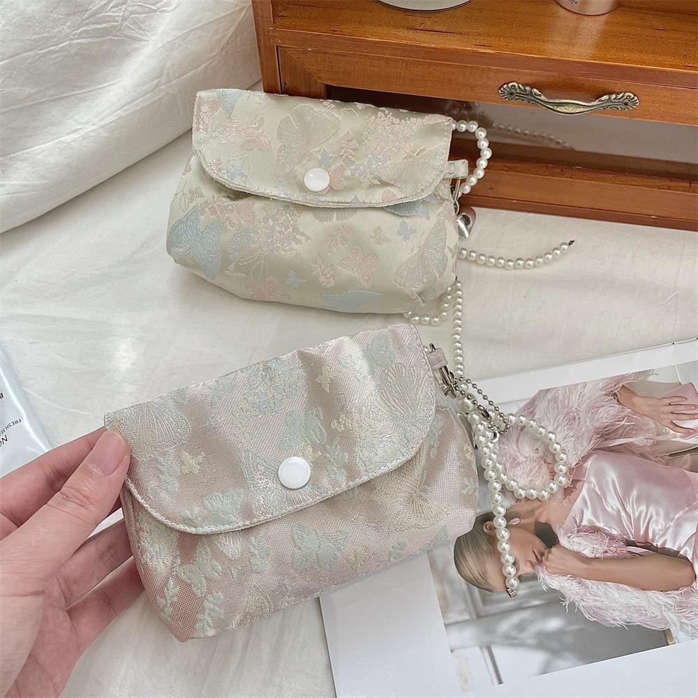Street Trendy Butterfly Jacquard Makeup Bag Women's Multi-functional Mini Storage Pouch with Pearl Chain