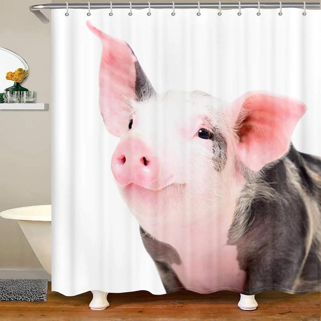 Pink Pig Shower Curtain, Lovely Animal Piggy Bath Curtain Western Animals Bathroom Decor Romantic Rose Flowers Bathroom Curtain