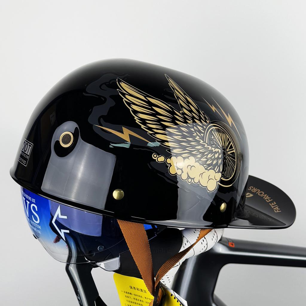 Motorcycle Retro Half Helmet with Blue Built-in Lenses Baseball Helmet For Harley Motorcycle Electric Scooter