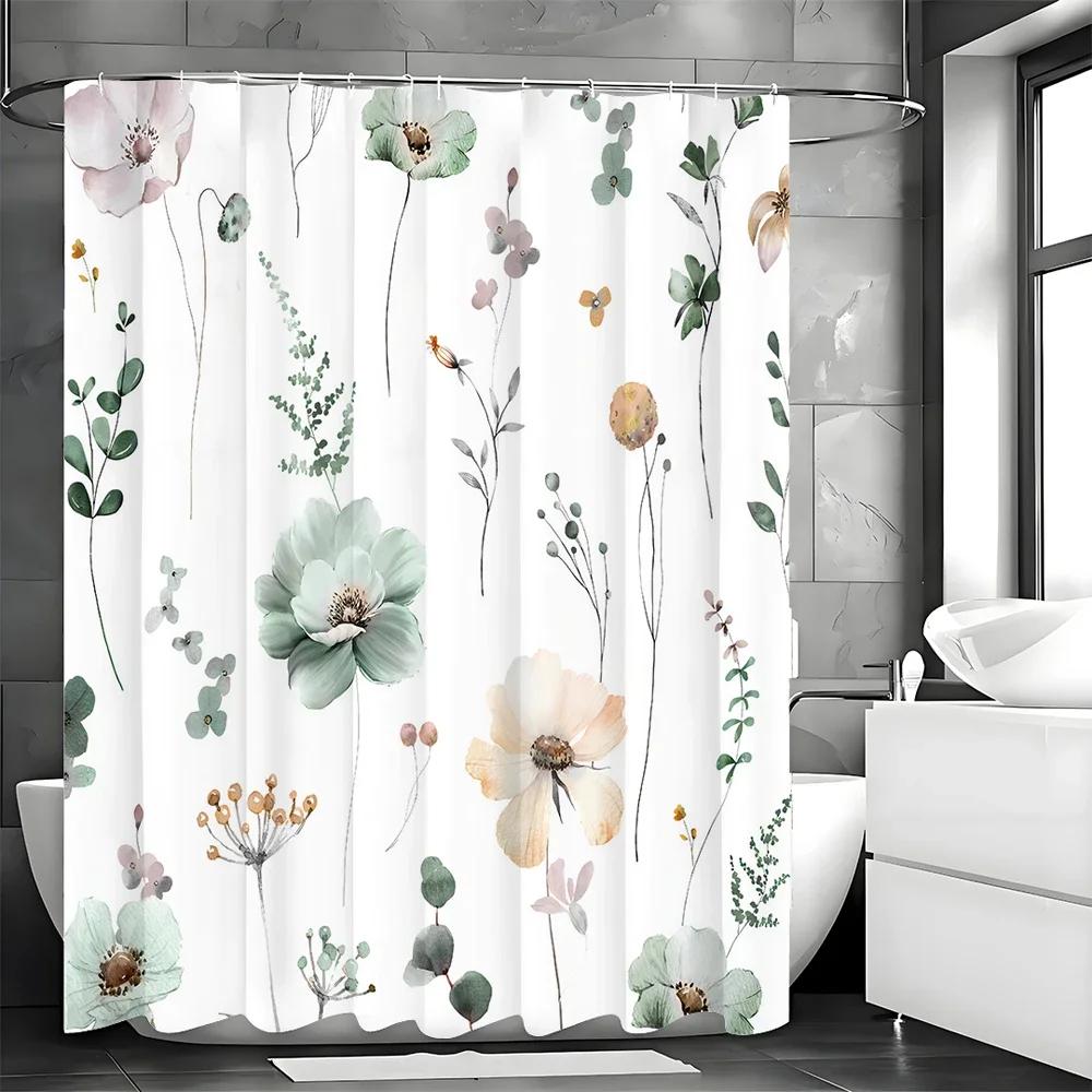 Spring Flower Plant Shower Curtain, Bathroom Decorative Shower Curtain, Waterproof Shower Curtain With Hooks 180X200Cm