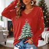 Women's V-Neck Long Sleeve Lightweight Top with Christmas Print for Spring and Summer